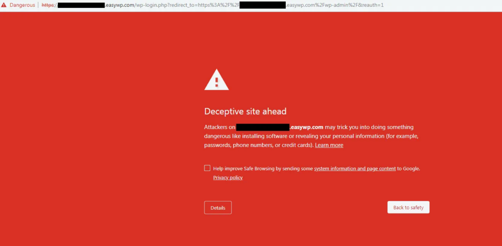 Google Chrome からの「Deceptive site ahead」警告の例