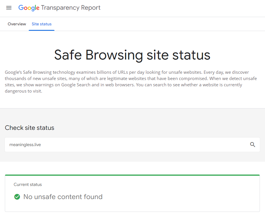 Google のセーフ ブラウジング サイト ステータスのスクリーンショット。