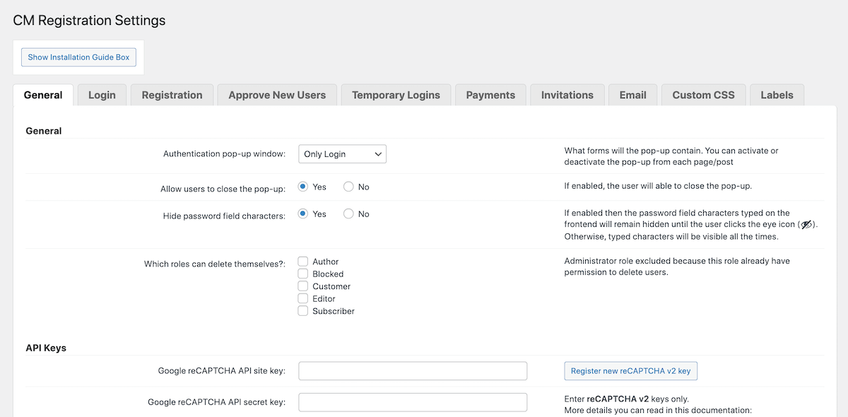 CM Registration Pro : Paramètres généraux