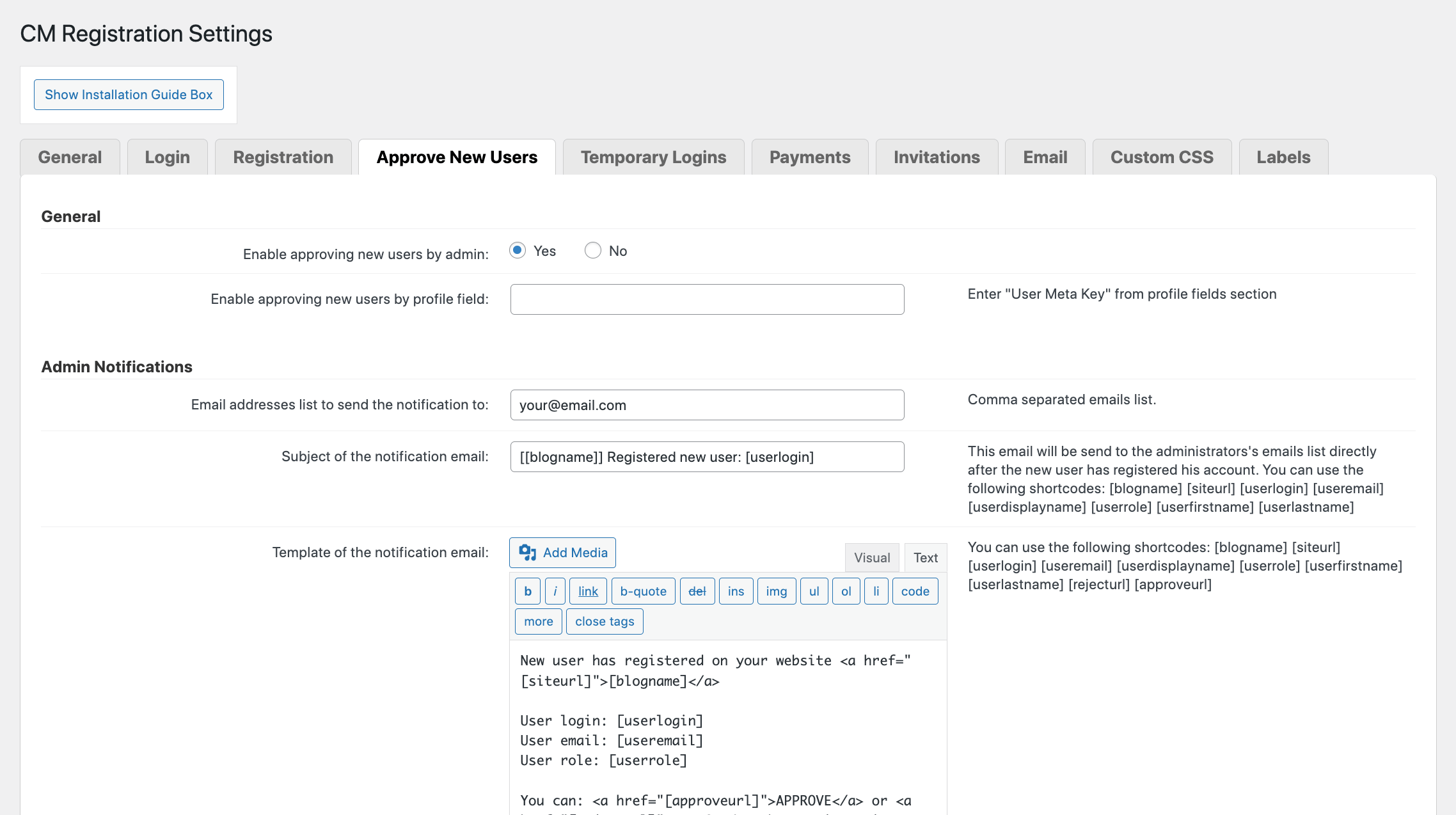 CM Registration Pro : les paramètres autorisent les utilisateurs