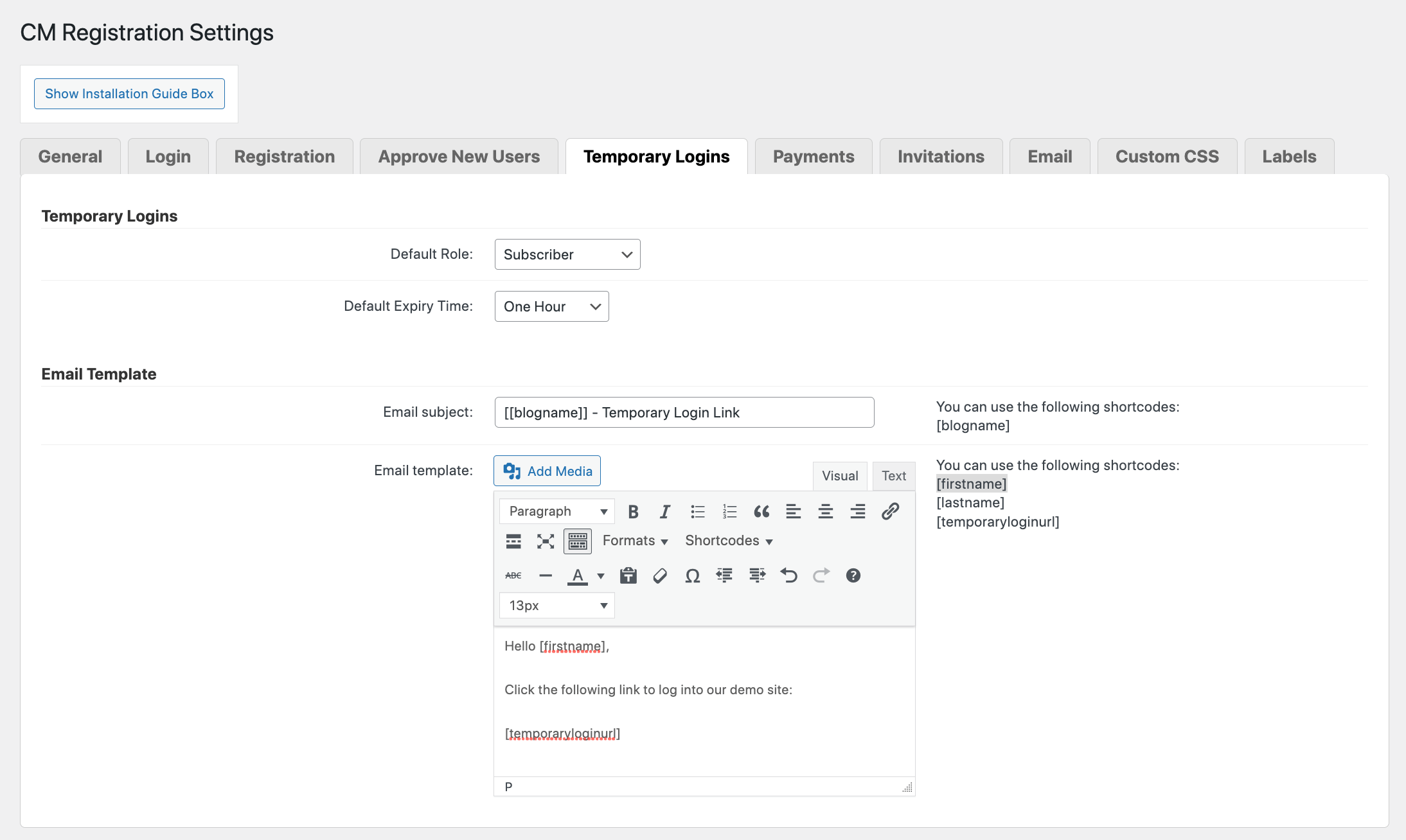 CM Registration Pro : paramètres de connexion temporaire