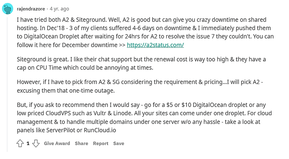 A2 Reddit からのホスティングの意見