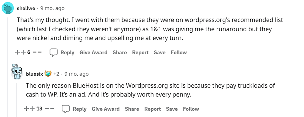 Reddit からの Bluehost の意見