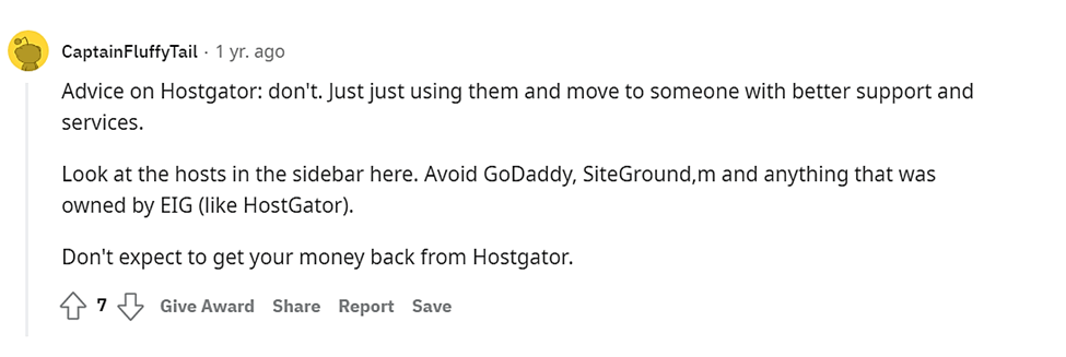 Reddit からの HostGator の意見