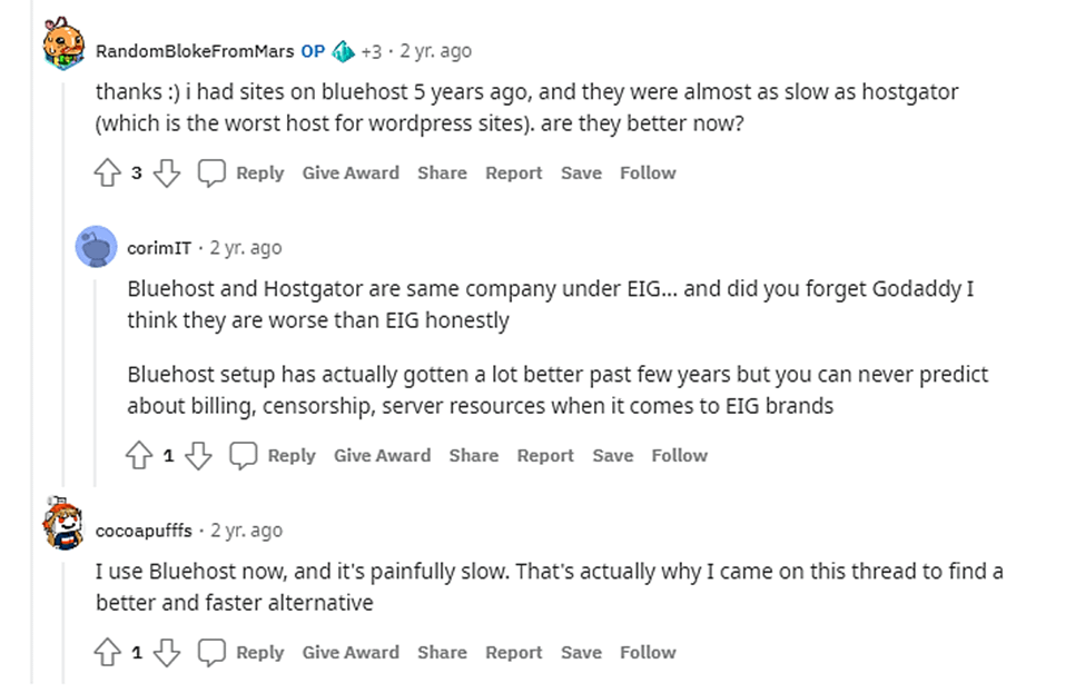 Reddit からの Bluehost の意見