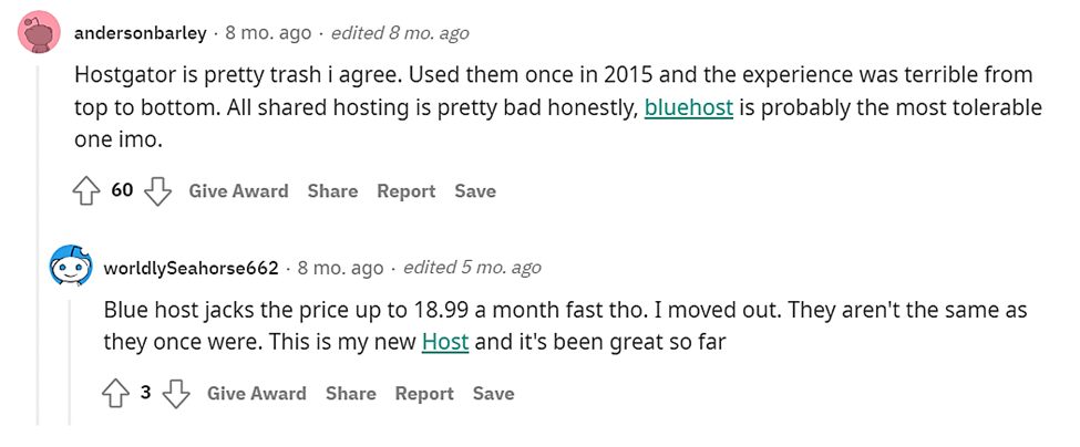 Reddit からの HostGator の意見