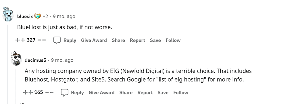 Reddit からの Bluehost の意見