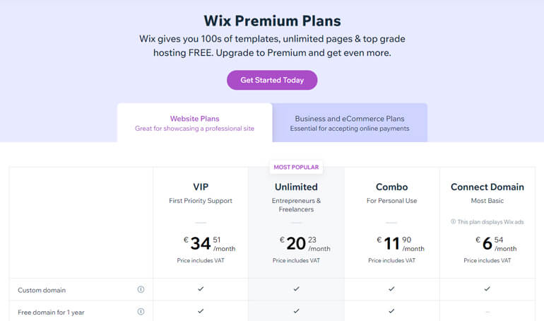 Forfaits Wix Premium