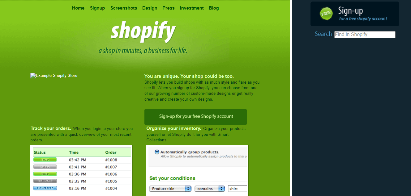 2006년의 Shopify 홈페이지는 웹사이트 빌더와 전자상거래의 역사에서 이정표였습니다.