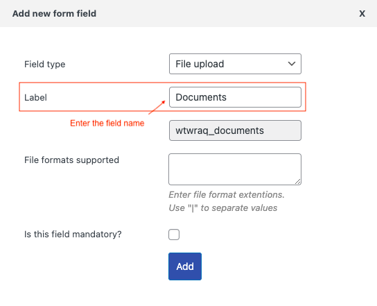 Masukkan nama bidang formulir kutipan WooCommerce