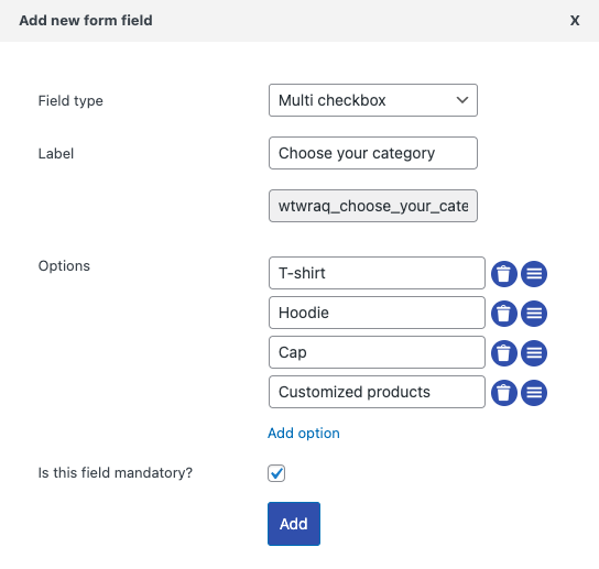 Casella di controllo multipla WooCommerce per il modulo di preventivo