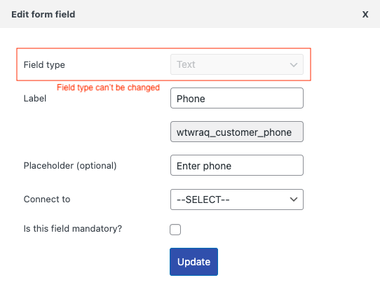 tipo di campo WooCommerce immutabile