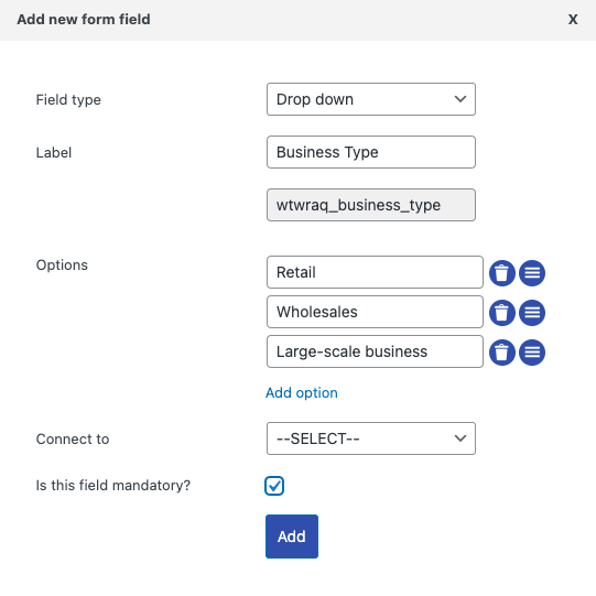 crea un campo a discesa WooCommerce per il modulo di preventivo