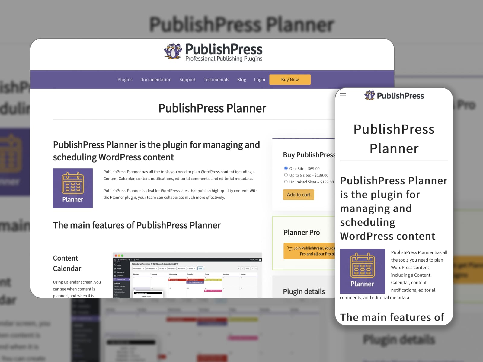 PublishPress ニュース プランナー プラグインのメイン機能ページのコラージュ。