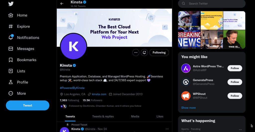 Die Twitter-Startseite von Kinsta zeigt das Banner „Die beste Cloud-Plattform für Ihr nächstes Webprojekt“ und mehrere dynamische Inhalte wie Follower, Follower und Benachrichtigungen.