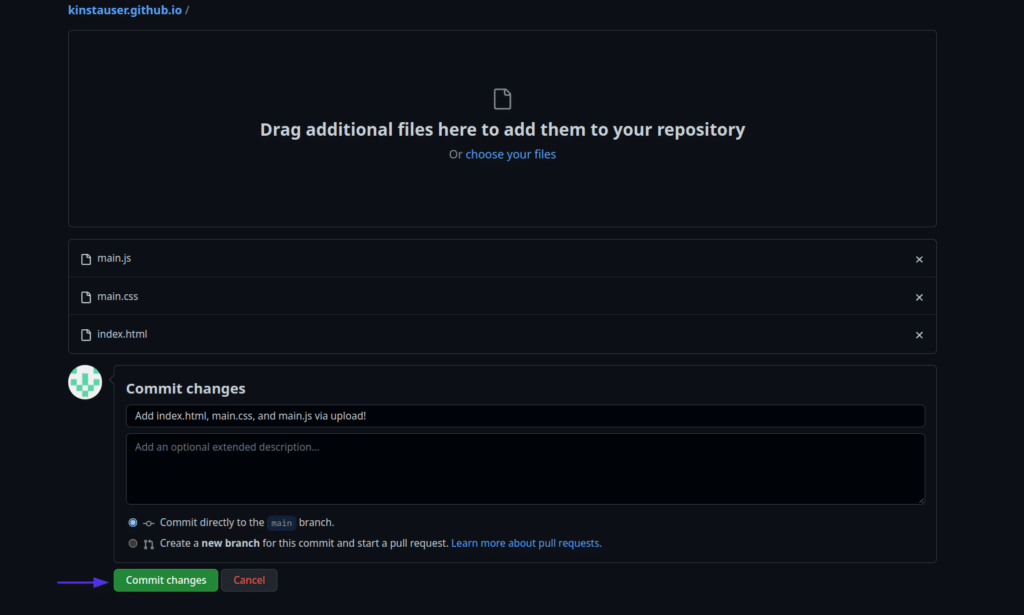 Hochladen der Dateien main.js, index.html und main.css in das GitHub-Repository mit der Commit-Nachricht „Add index.html, main.css, and main.js“.