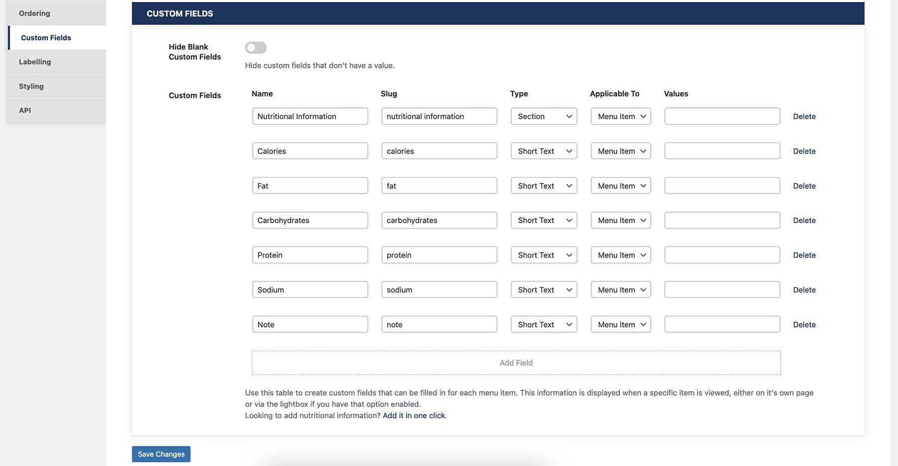 Fünf-Sterne-Restaurant-Menü-Plugin Dashboard für benutzerdefinierte Felder