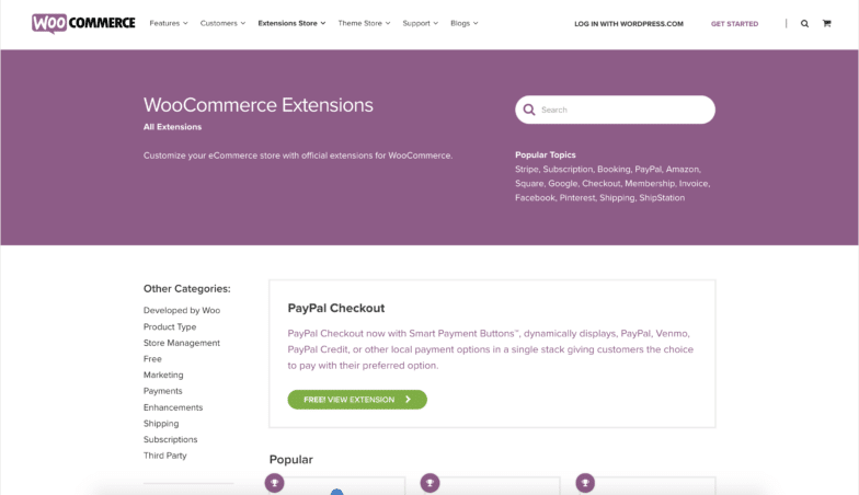 WooCommerce-Erweiterungsseite