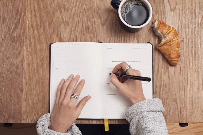 Layout durch Schwungrad wiederkehrende Einnahmen freiberufliche Geschäftsfrau, die im Planer mit Kaffee und Snack auf Holztisch schreibt