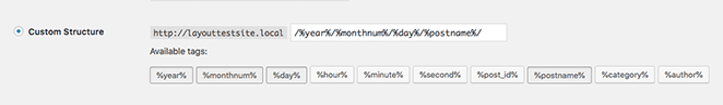 使用日期和帖子名称创建客户永久链接结构时，wordpress 仪表板中的自定义结构设置