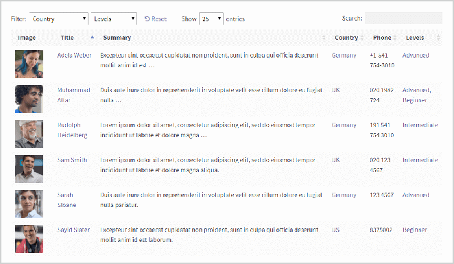 wordpress 示例屏幕截图中动态表中的本地作者