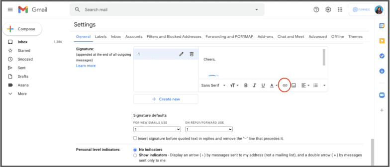 Gmail 서명 설정의 링크 옵션 주위에 있는 빨간색 원