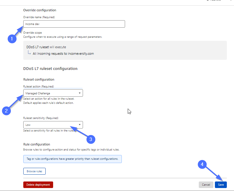 Configuración de anulación de DDoS de Cloudflare para WordPress