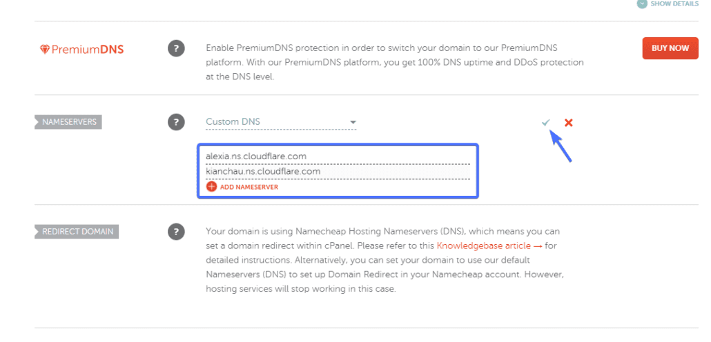 Ingrese dos servidores de nombres por Cloudflare