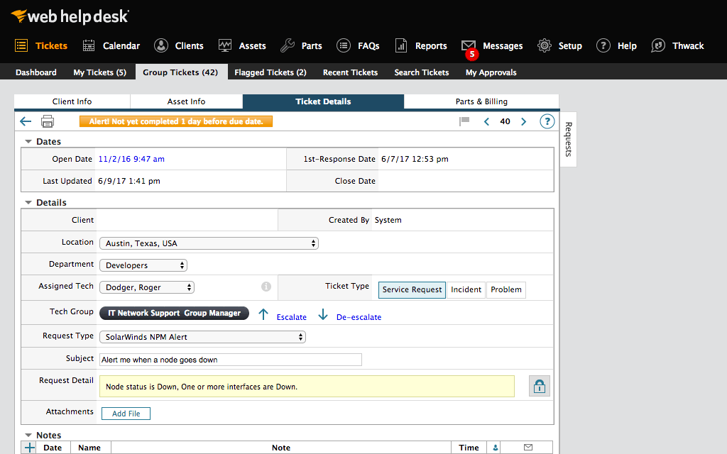 รายละเอียดตั๋วในแผนกบริการ Web Help Desk