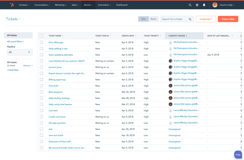 อินเทอร์เฟซตั๋วในระบบ Help Desk ของ HubSpot