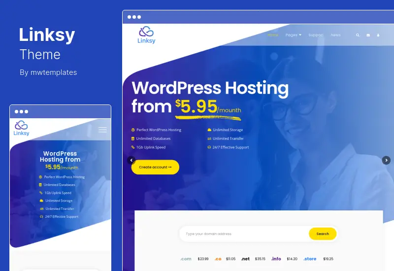 Linksy Theme - Tema de WordPress para proveedor de alojamiento y dominio