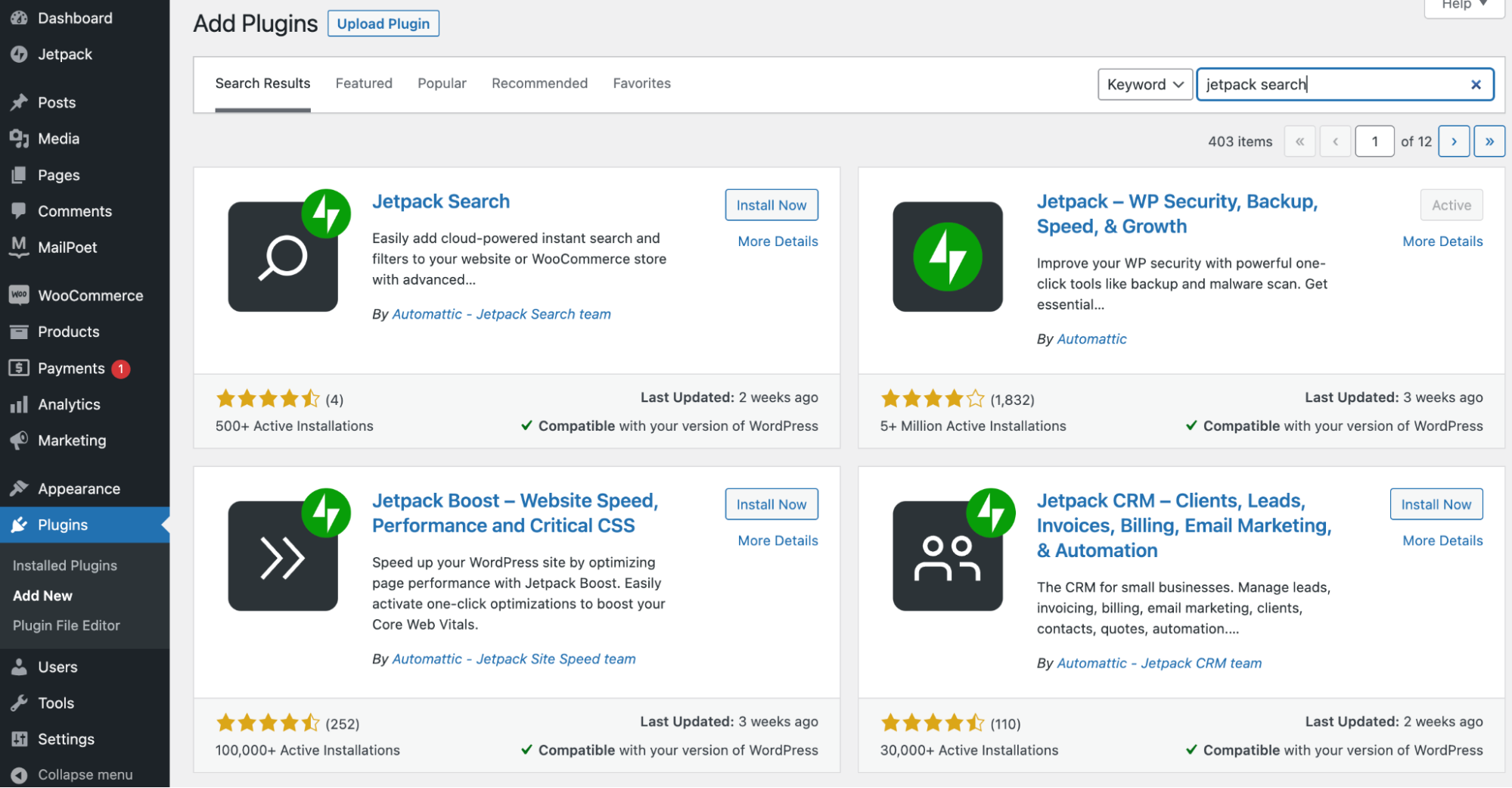 Jetpack Search en el repositorio de complementos de WordPress