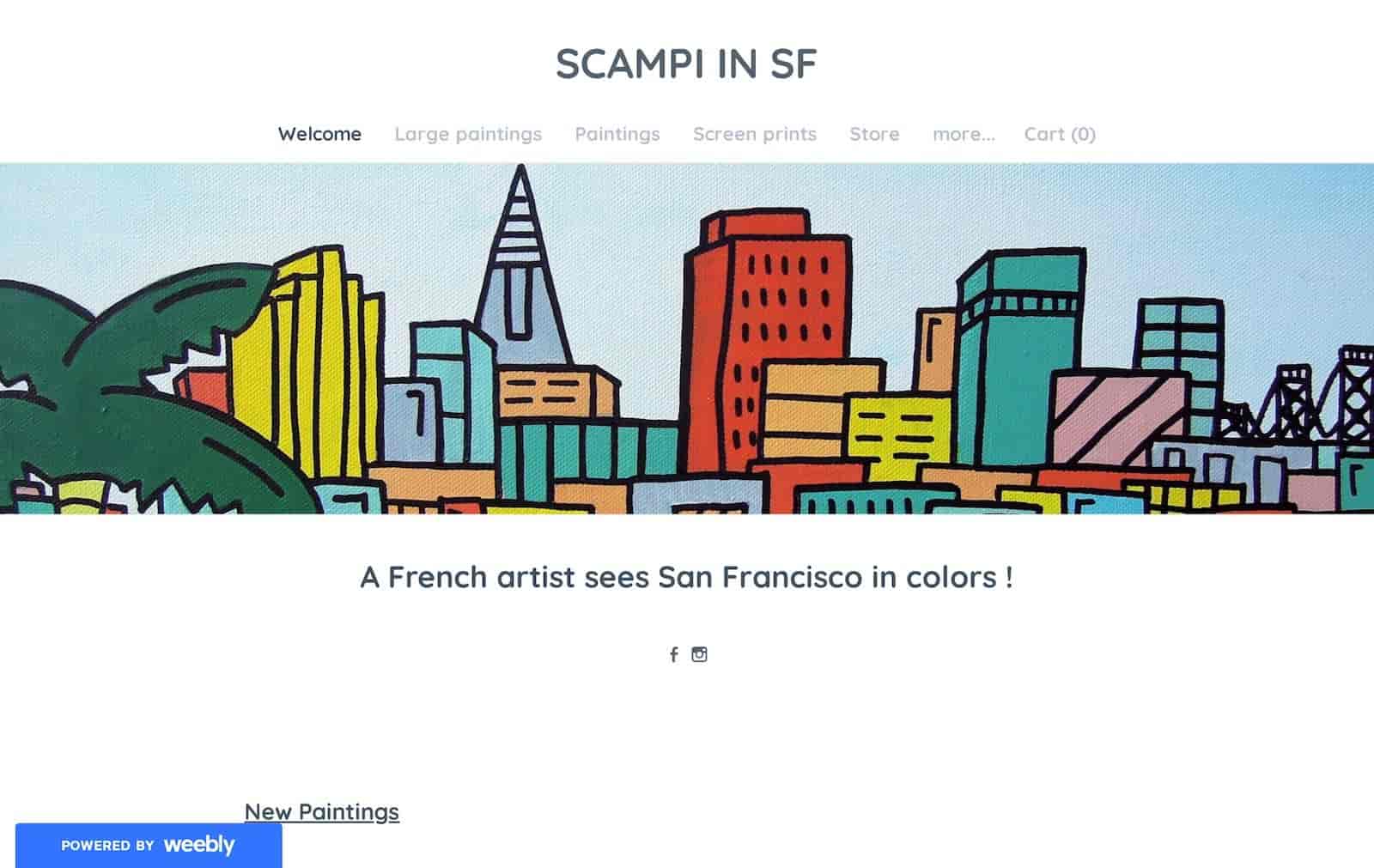 Scampi en SF es un excelente ejemplo de un artista que usa Weebly para crear un sitio.