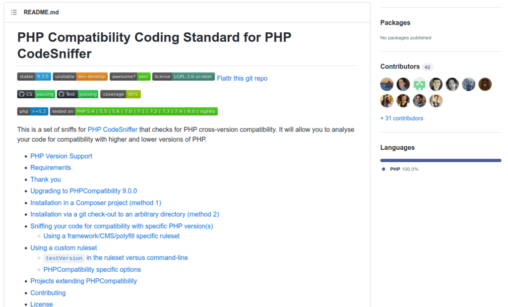 PHPCompatibility GitHub 页面的屏幕截图