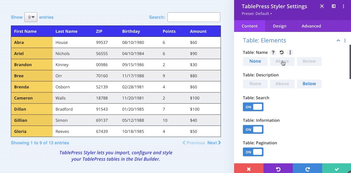 TablePress Divi Styler UI