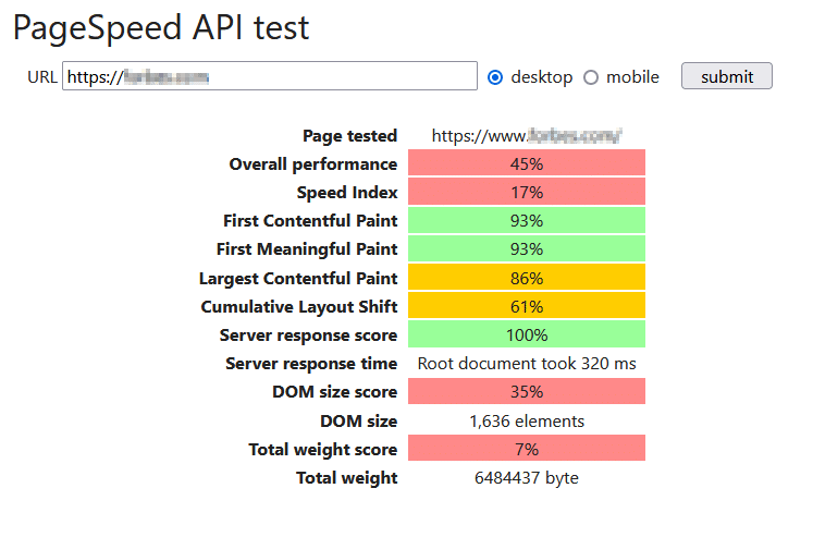 Exemplu de rezultat al testului din API-ul PageSpeed