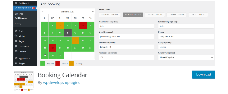 captură de ecran a paginii calendarului de rezervare