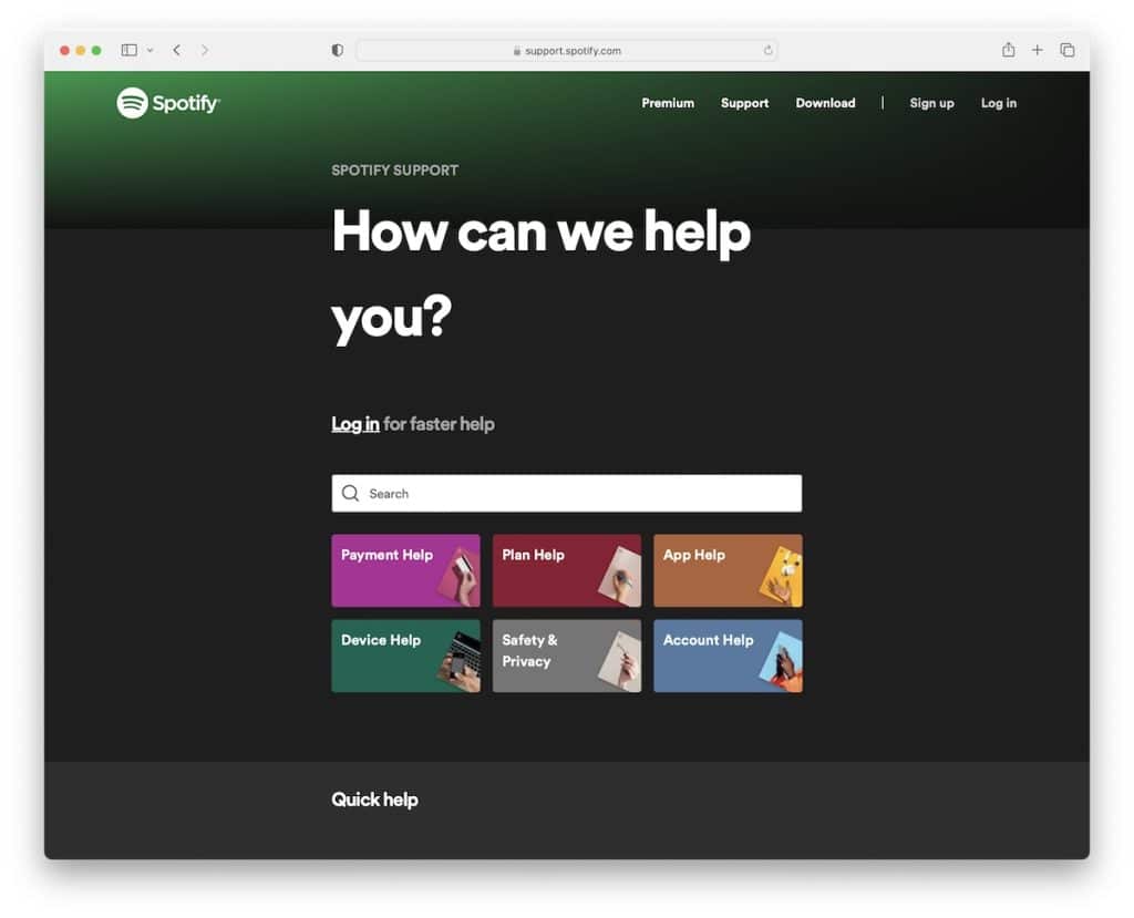 spotify destek sayfası örneği