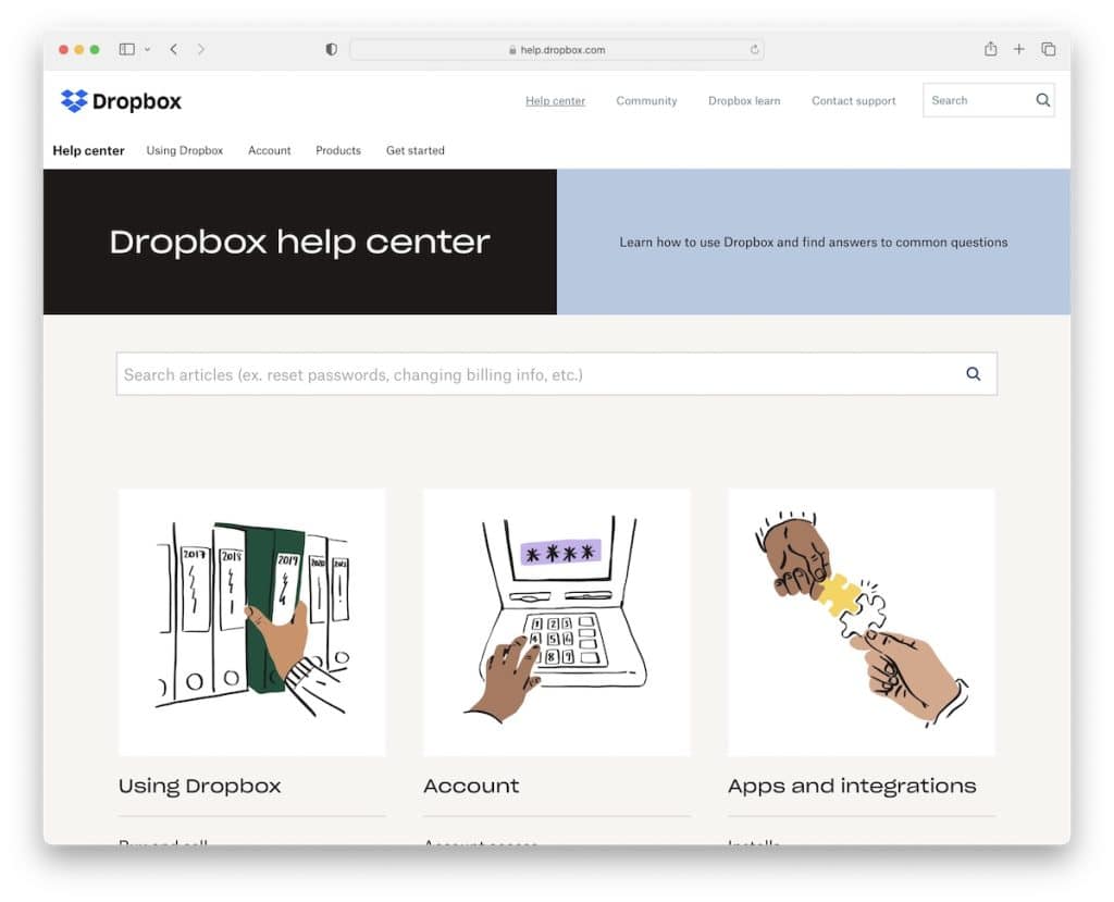 dropbox yardım merkezi sayfası örneği