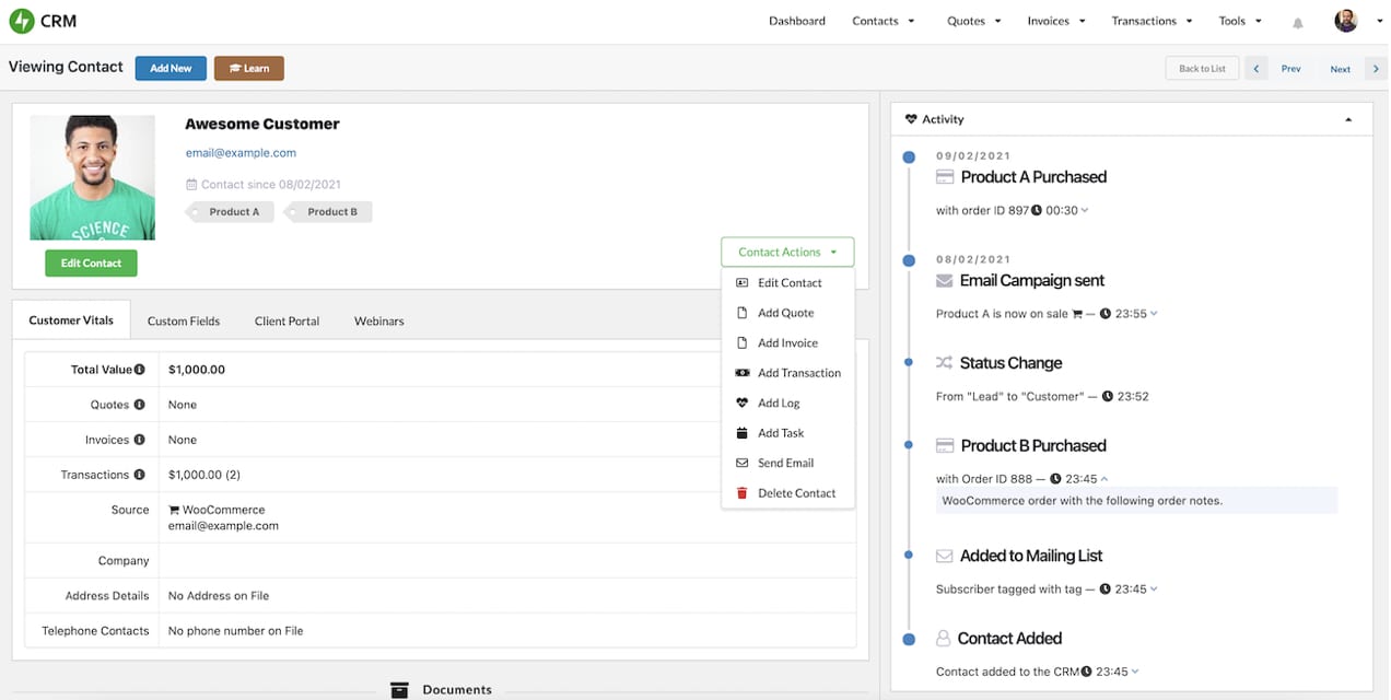 profilul clientului în Jetpack CRM