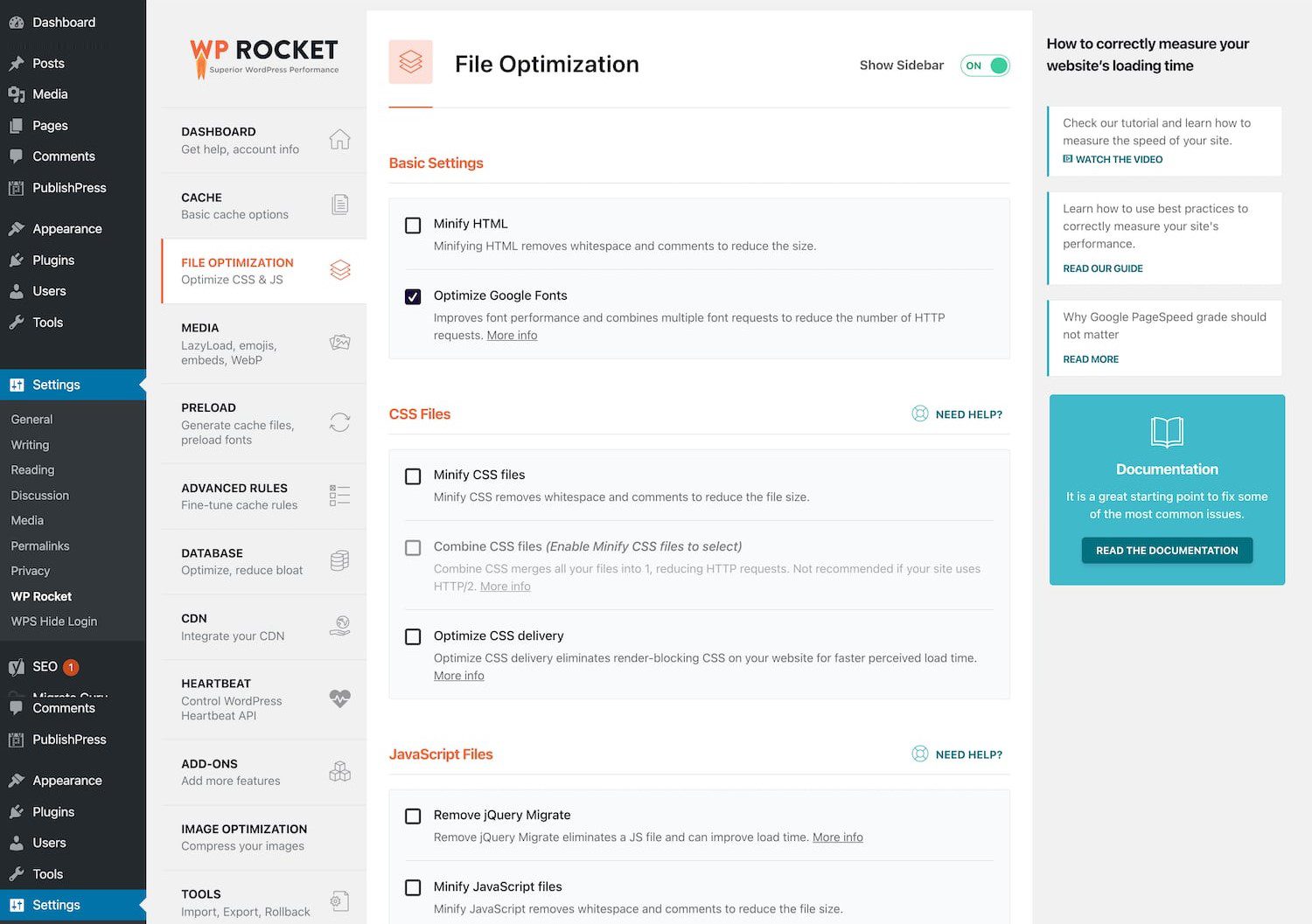 การเพิ่มประสิทธิภาพไฟล์ WP Rocket สำหรับ CSS JS และ HTML