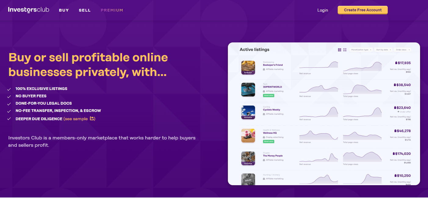Investors Club est un marché où vous pouvez vendre des entreprises en ligne en privé.