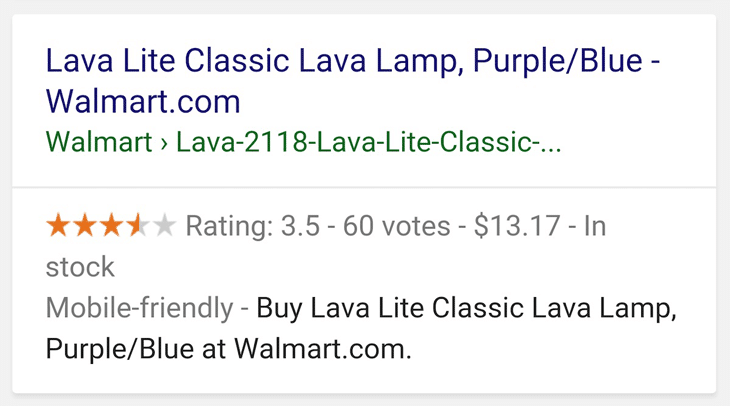 un rezultat de căutare Google pentru Lava Lite Classic Lava Lap folosește date structurate pentru a afișa o evaluare de 3,5 stele și un preț de 13,17 USD