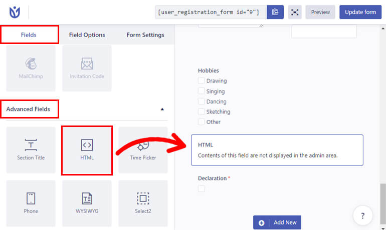 Trascina e rilascia il campo HTML Aggiungi HTML nel modulo di registrazione di WordPress