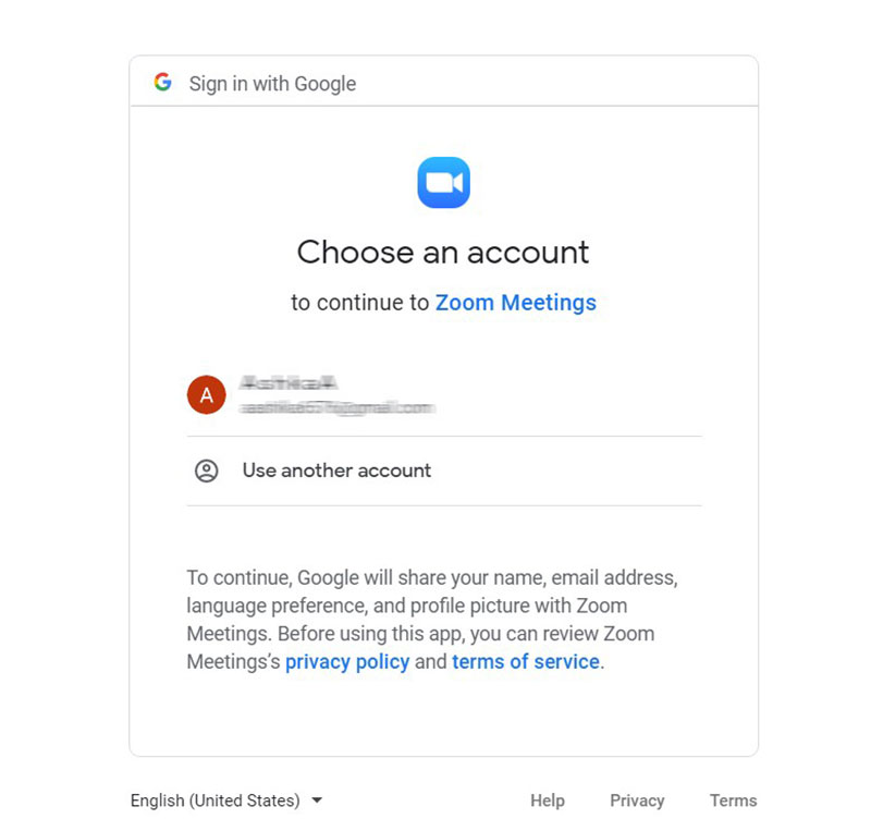 scegli un account per aggiungere lo zoom al calendario di Google