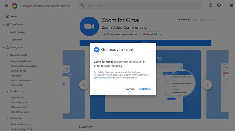 Zoom per il pop-up di autorizzazione all'installazione di Gmail