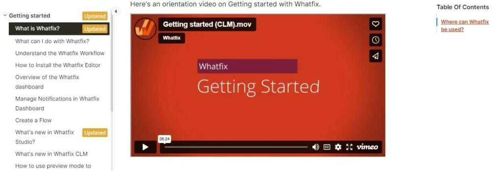 Tabela de conteúdo Whatfix e vídeo de introdução na base de conhecimento