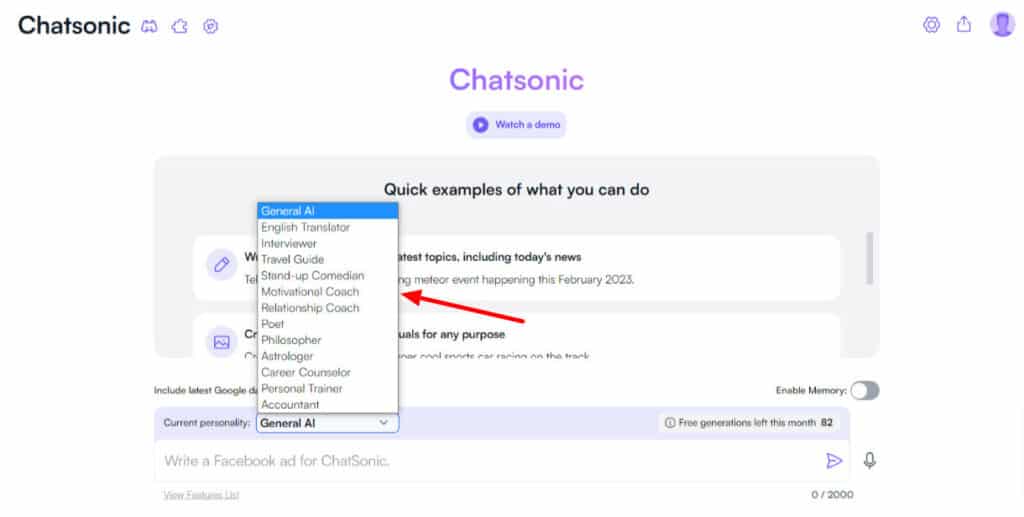 Personalità di ChatSonic