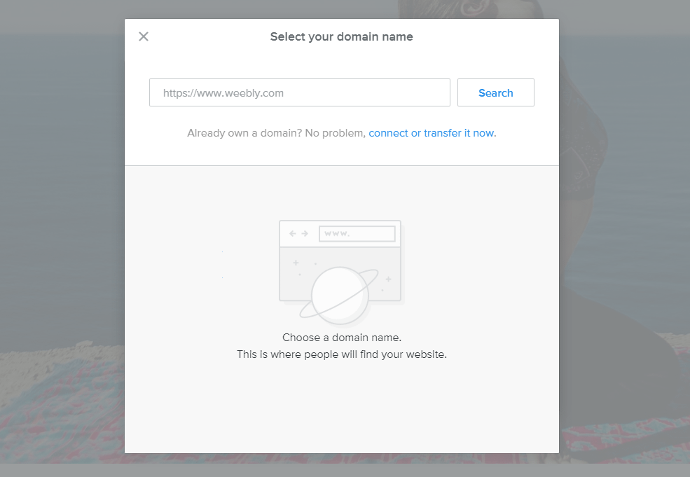 Lo strumento di selezione del dominio di Weebly, dove puoi collegare il tuo o acquistarne uno nuovo.