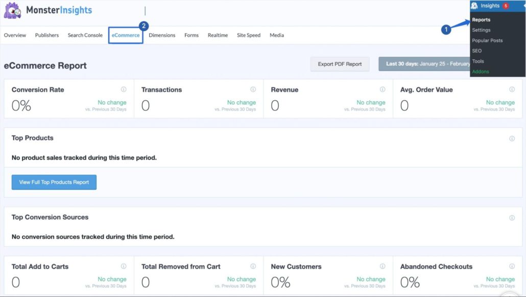 Dashboard di monitoraggio delle conversioni WooCommerce di MonsterInsights